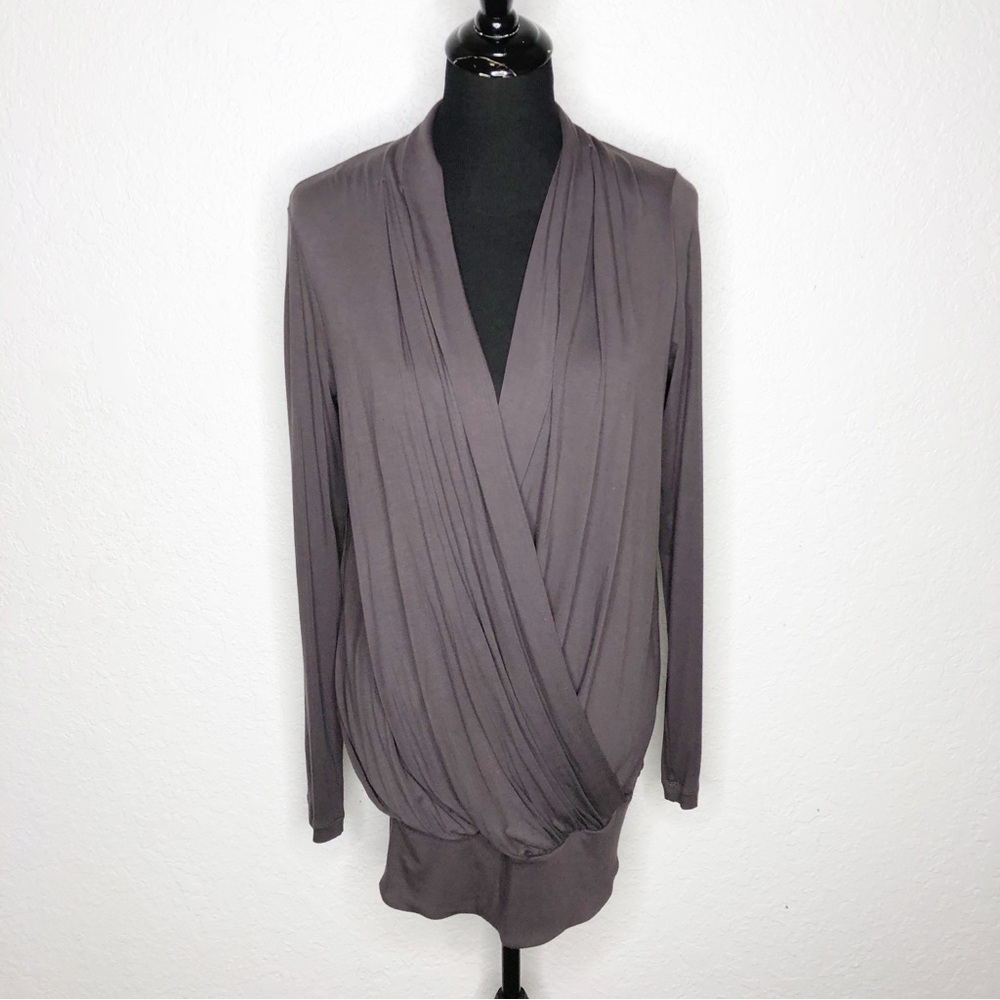 BCBGMaxazria dark plum wrap draped front long sleeve jersey knit top Small NWT